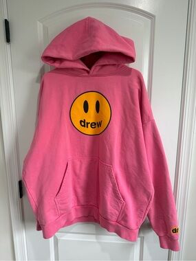 drew house hot pink hoodie with yellow smile patch